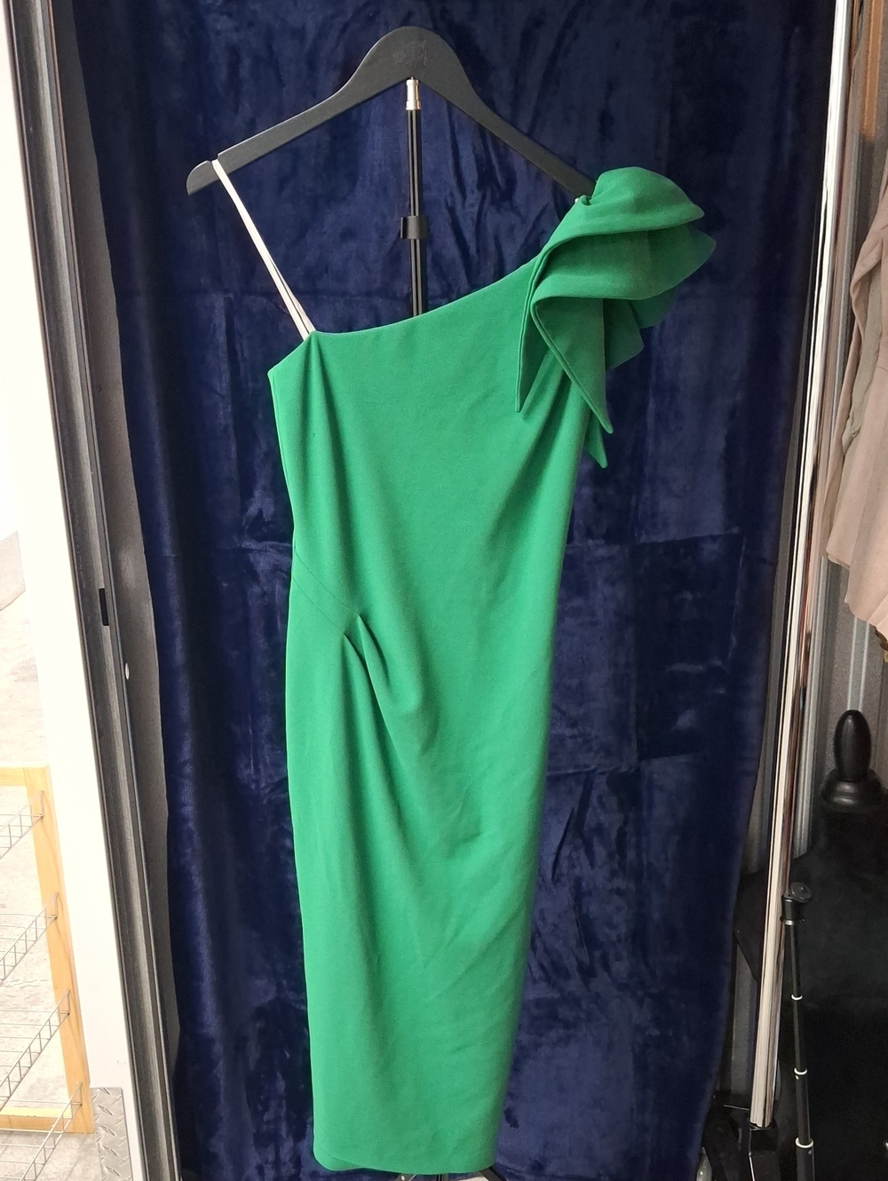 Betsy & Adam Emerald One-Shoulder Dress with Ruffle Accent